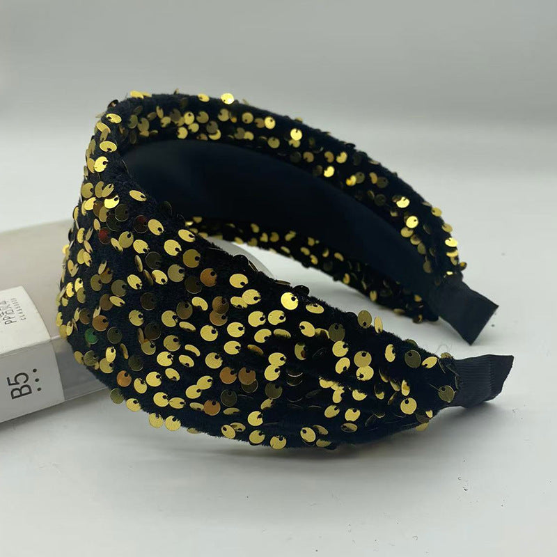 Wide Sequin Knotted Party Headband - blackgold