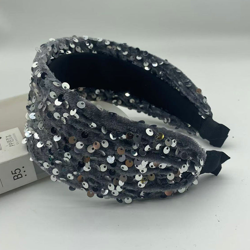 Wide Sequin Knotted Party Headband - silver