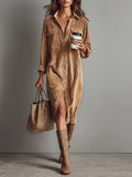 Corduroy Button Front Midi Shirt Dress - Brown