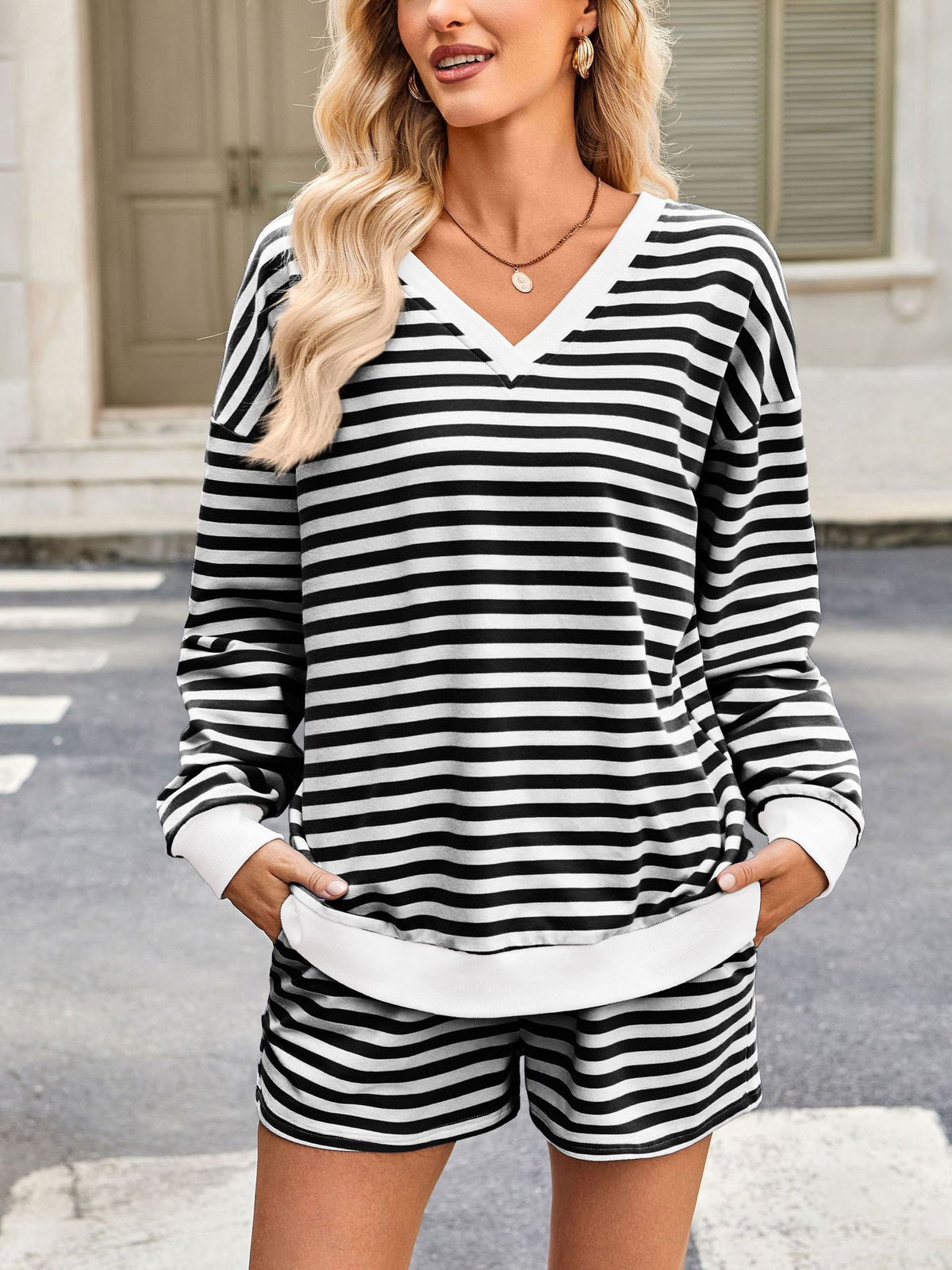 Striped V-Neck Top and Shorts Matching Set - Black - 2