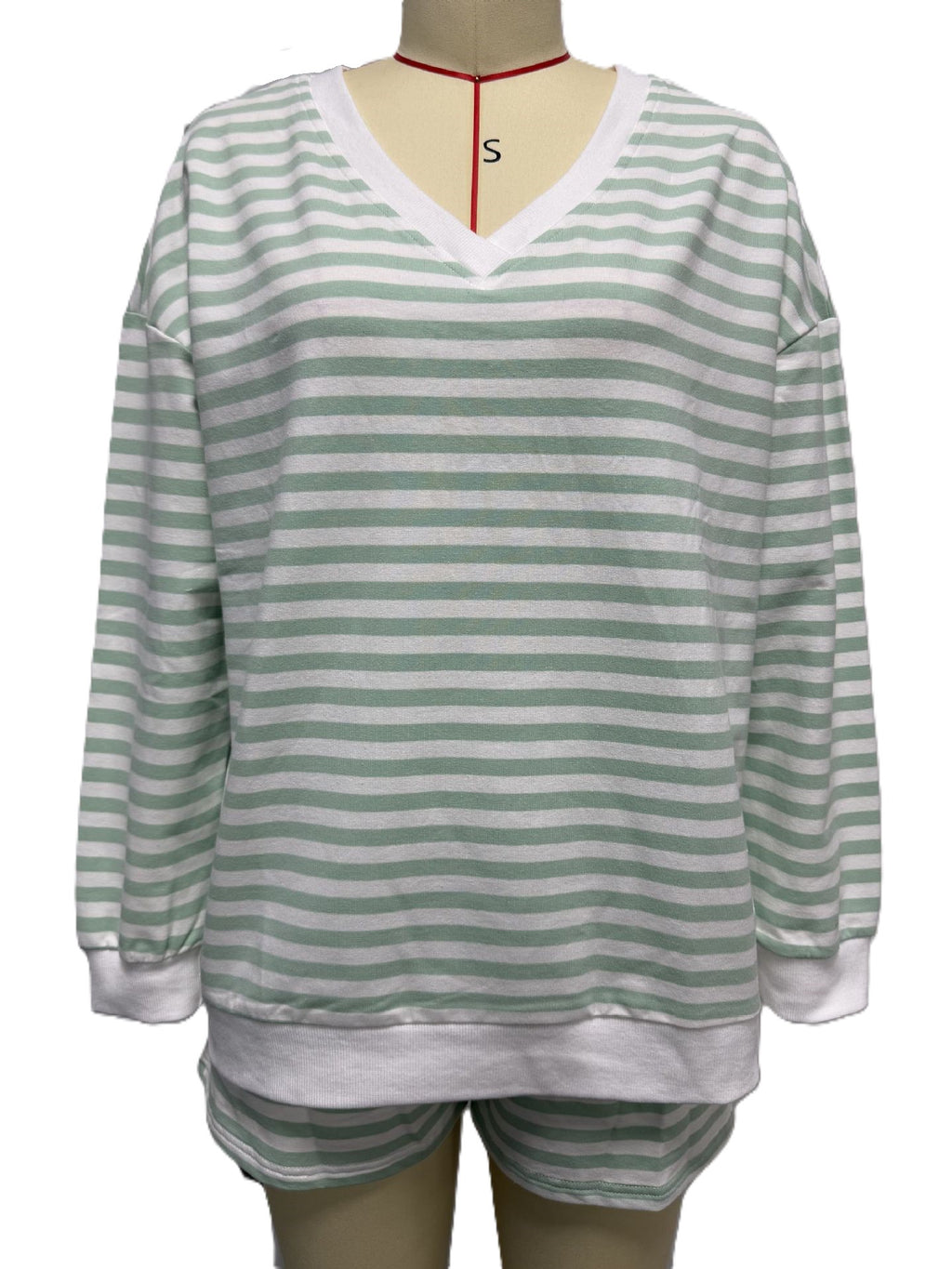 Striped V-Neck Top and Shorts Matching Set - Green