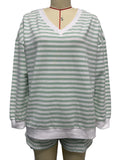 Striped V-Neck Top and Shorts Matching Set - Green