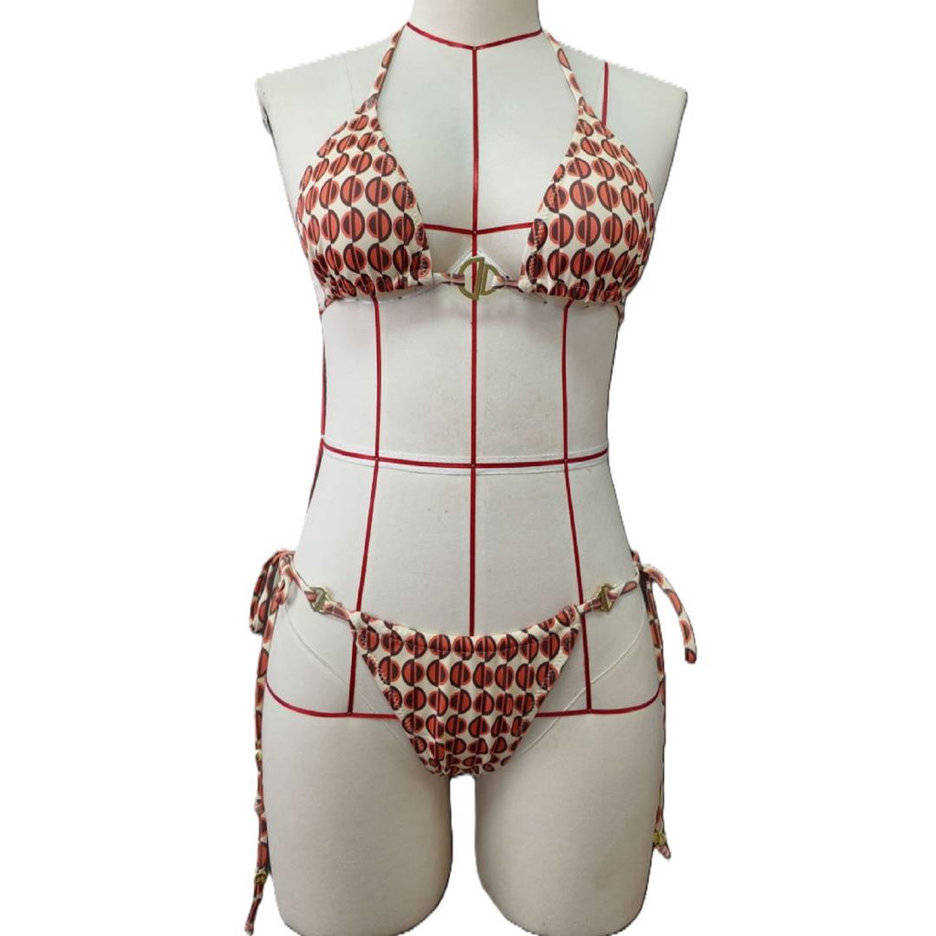 Geometric Print Halter Triangle Bikini Set - Apricot - 1