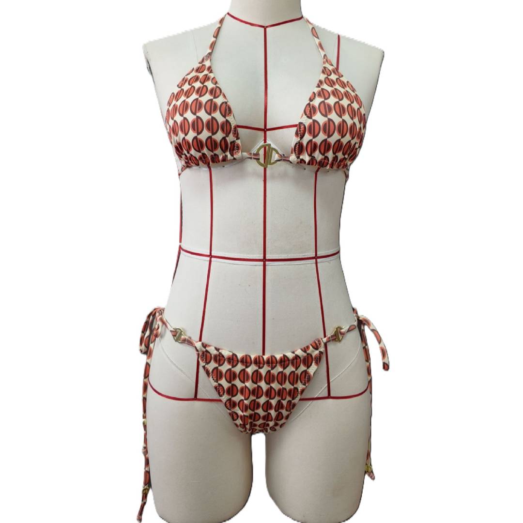Geometric Print Halter Triangle Bikini Set - Apricot - 1