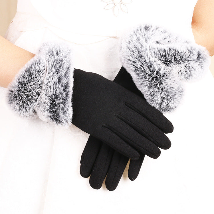 Faux Fur Trim Cuff Knit Winter Gloves - Black