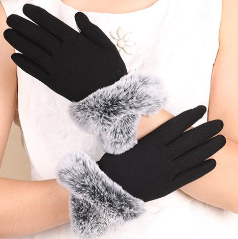Faux Fur Trim Cuff Knit Winter Gloves - Black - 1