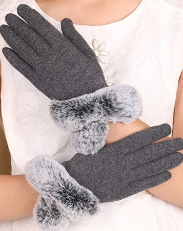 Faux Fur Trim Cuff Knit Winter Gloves - Grey
