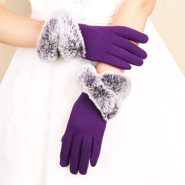 Faux Fur Trim Cuff Knit Winter Gloves - Purple