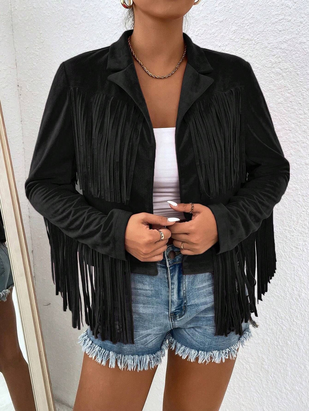 Faux Suede Fringe Cropped Western Jacket - Black - 1