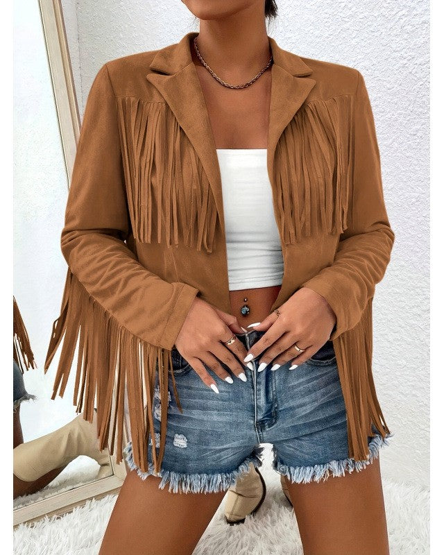 Faux Suede Fringe Cropped Western Jacket - Brown
