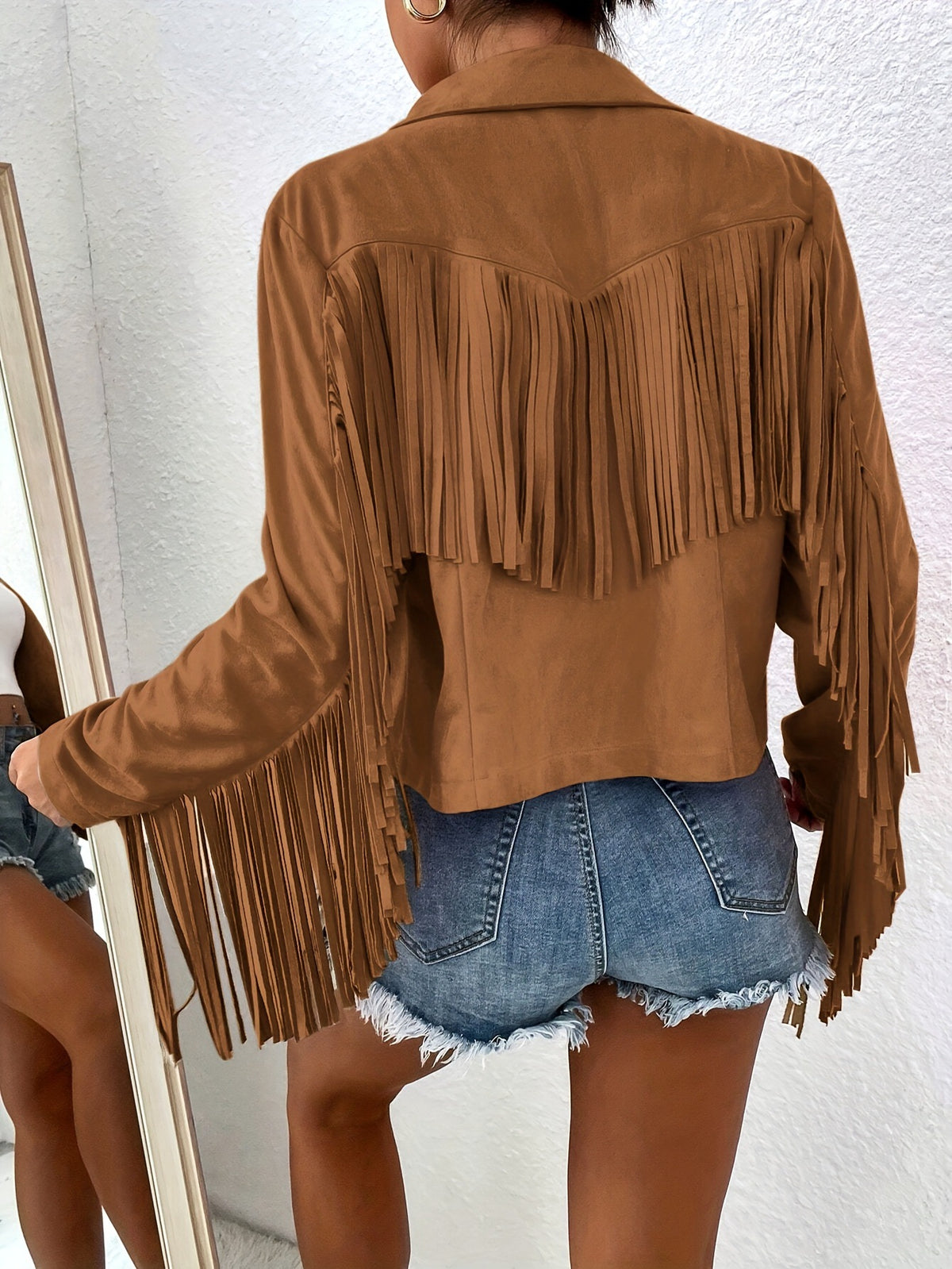 Faux Suede Fringe Cropped Western Jacket - Brown - 2