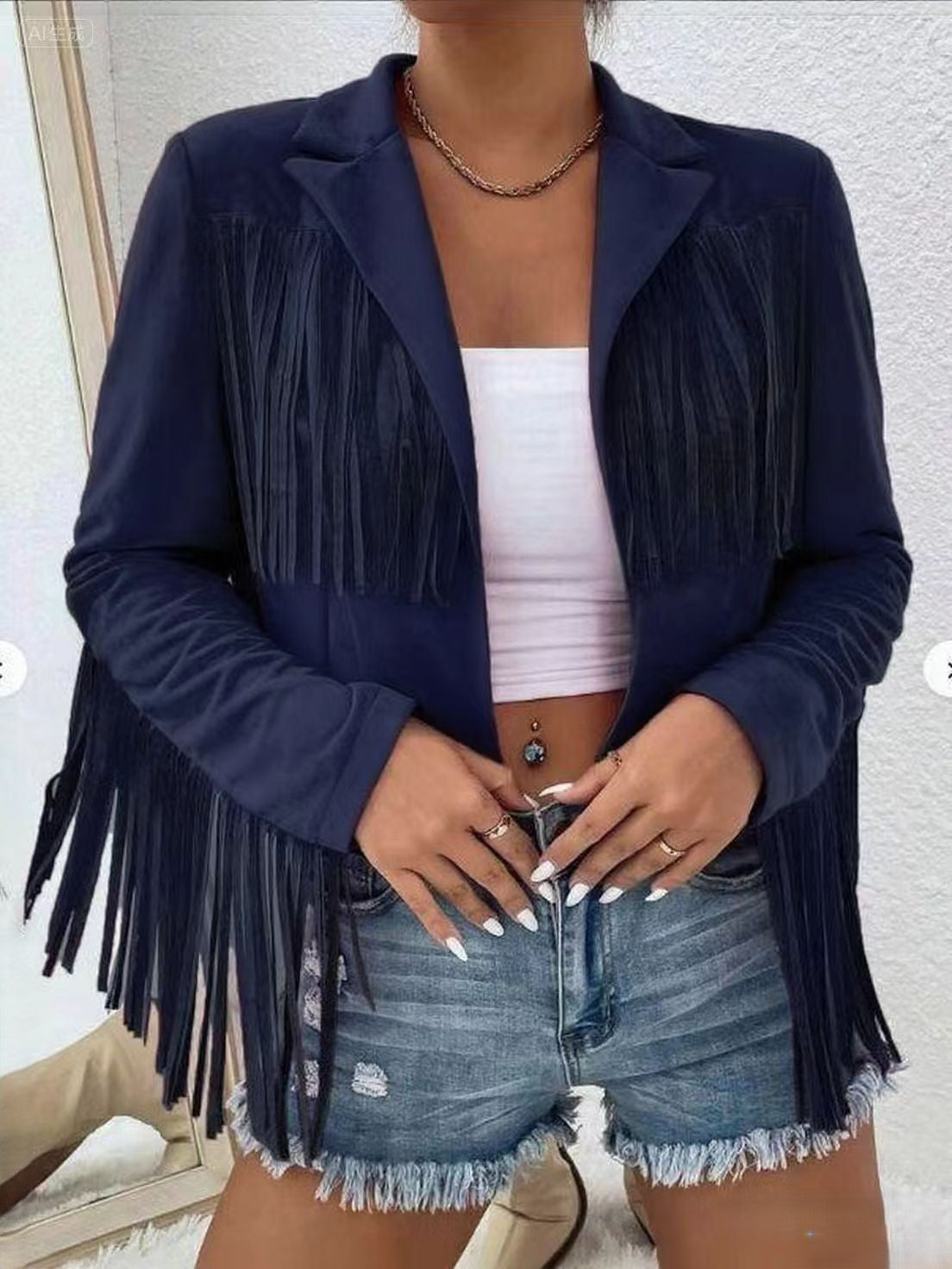 Faux Suede Fringe Cropped Western Jacket - DarkBlue