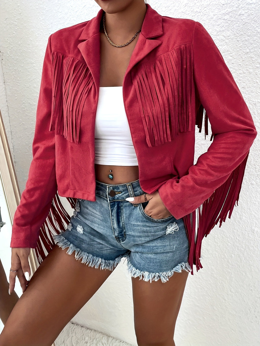Faux Suede Fringe Cropped Western Jacket - WineRed - 2