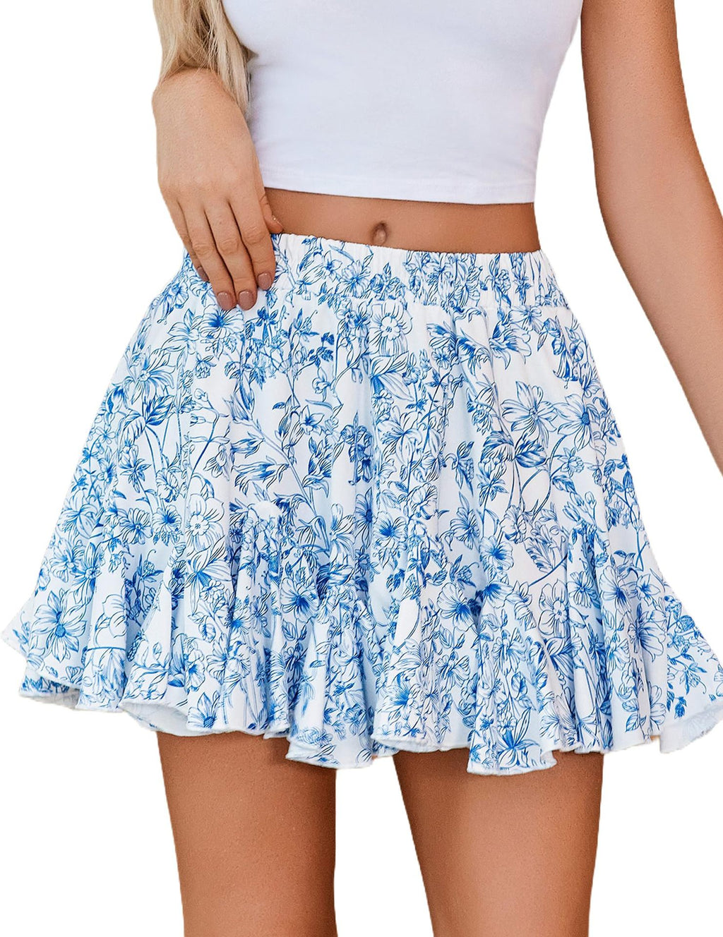 Floral Ruffled Flared Mini Skirt - Blue