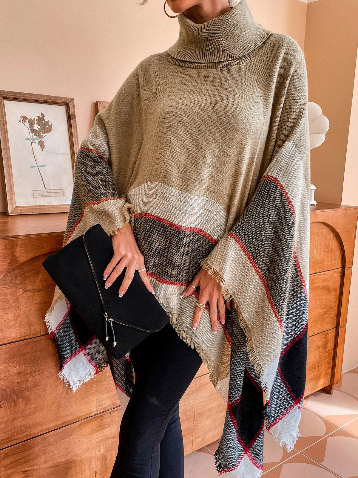 Turtleneck Plaid Poncho With Fringe Trim - Khaki