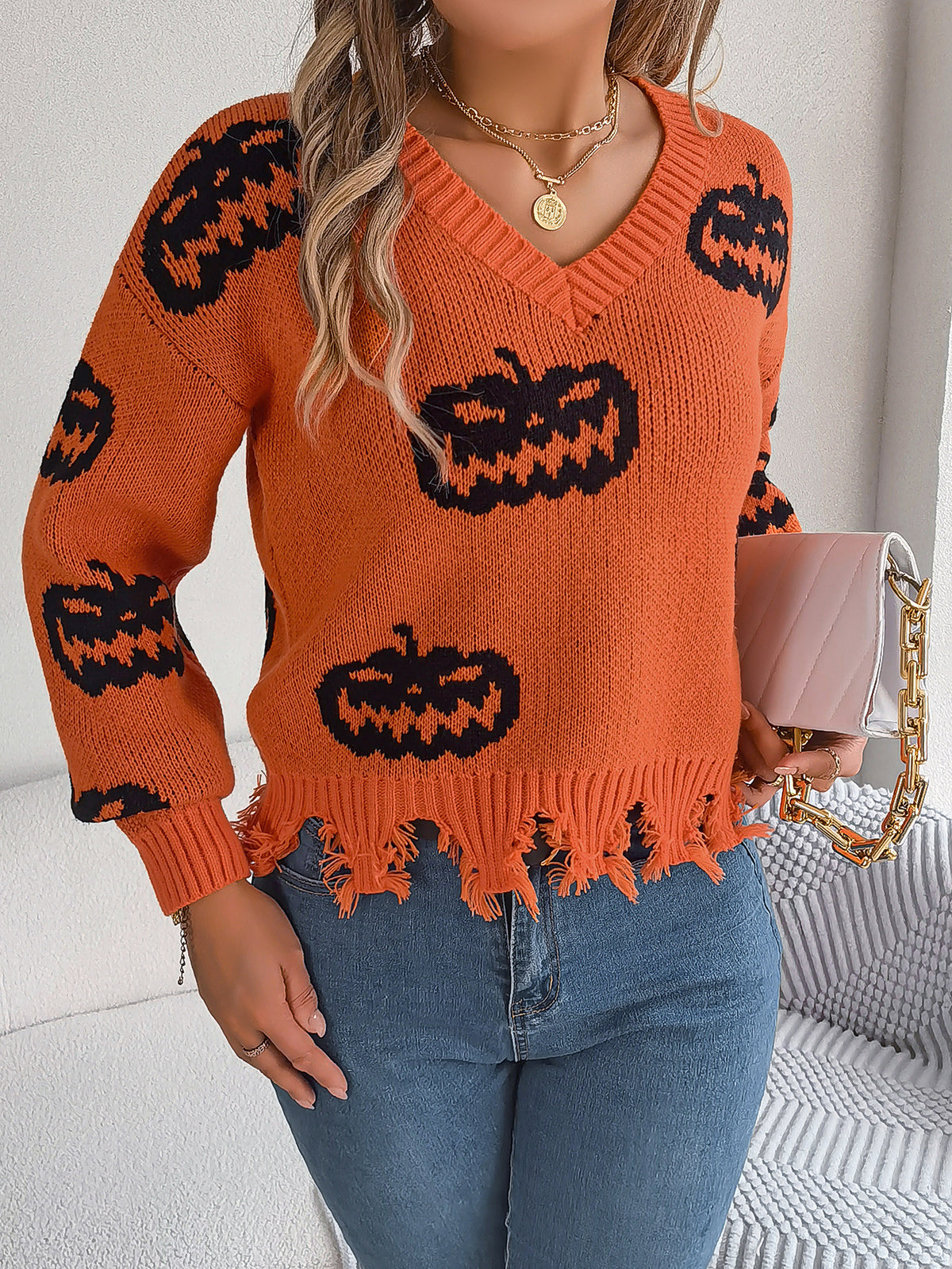 Pumpkin Jacquard Distressed Hem Sweater - Orange