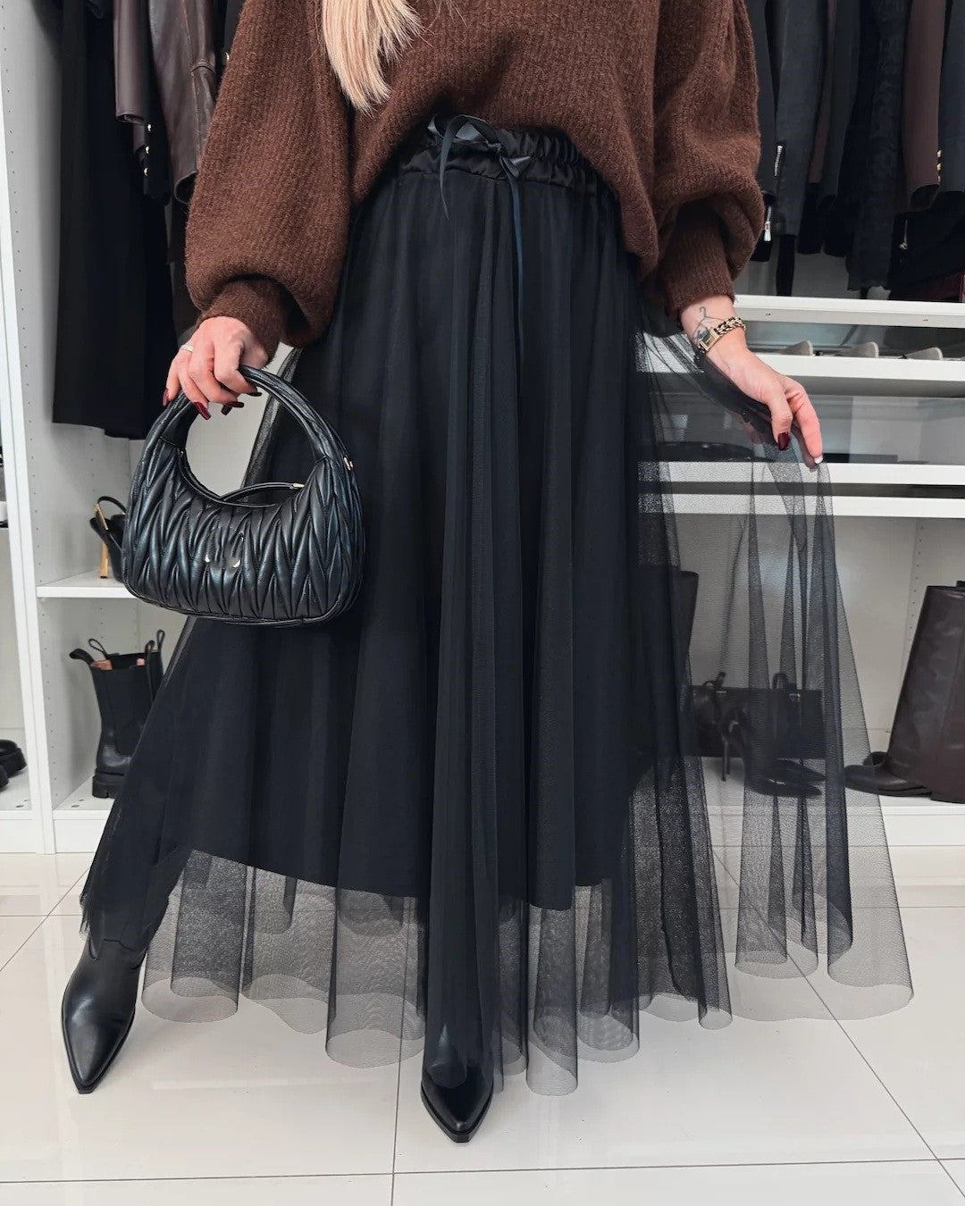 Sheer Tulle Layered Maxi Skirt - Black