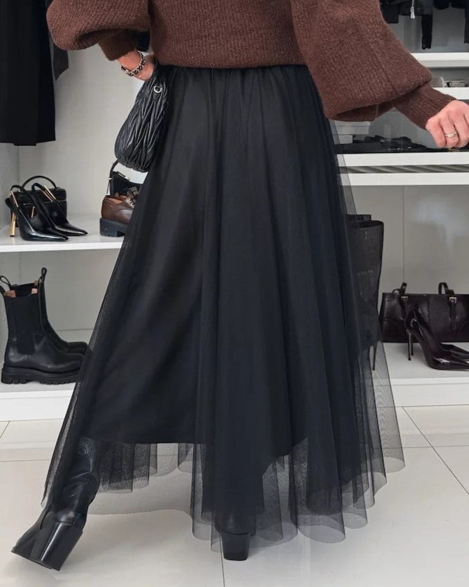 Sheer Tulle Layered Maxi Skirt - Black - 1