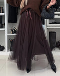 Sheer Tulle Layered Maxi Skirt - Coffee