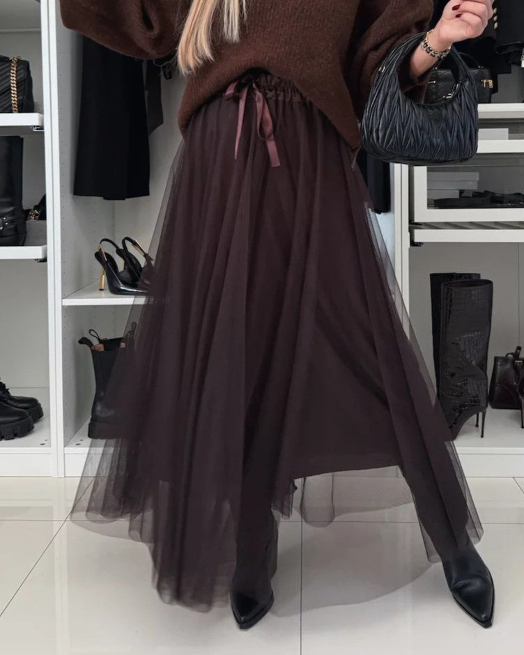 Sheer Tulle Layered Maxi Skirt - Coffee