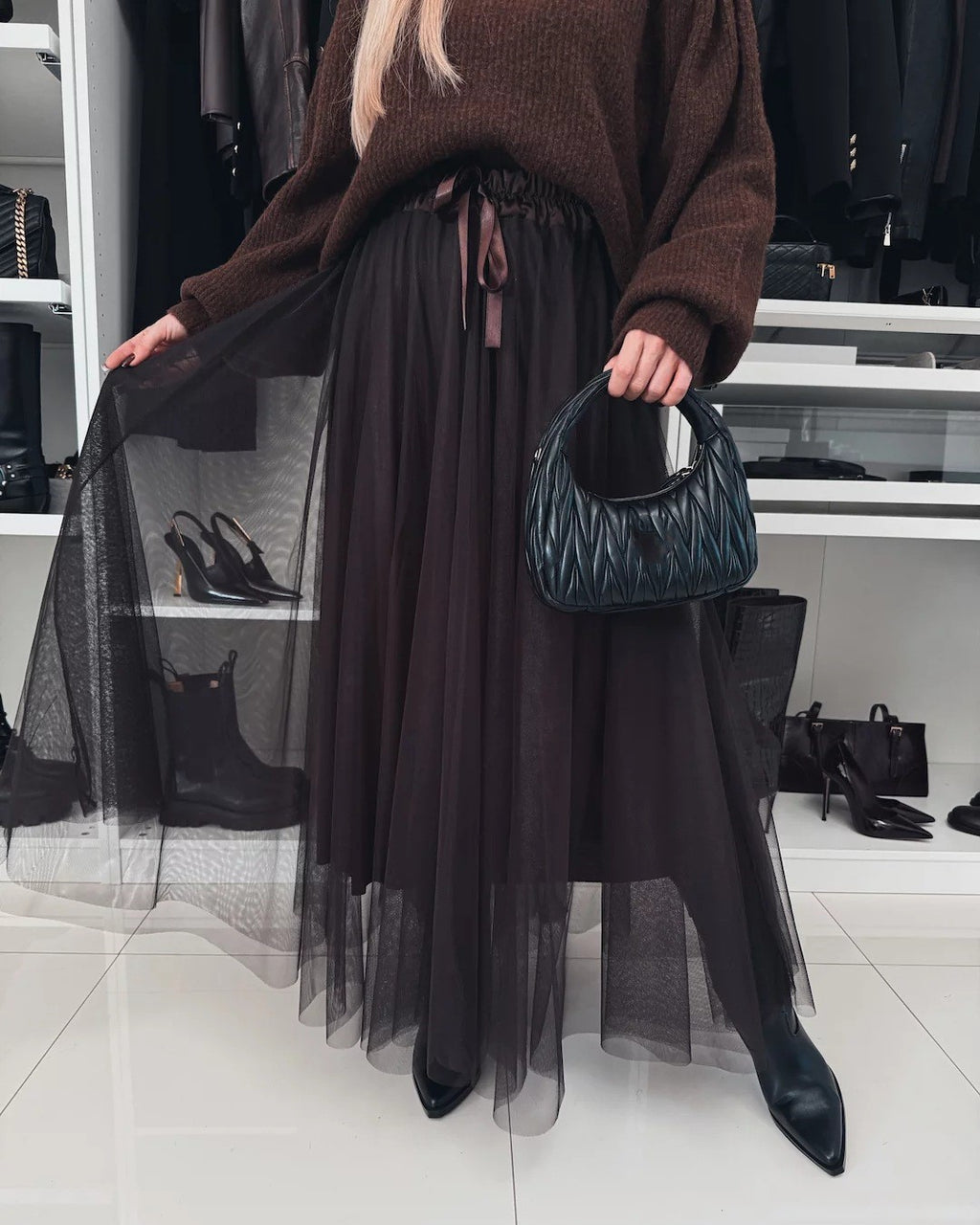 Sheer Tulle Layered Maxi Skirt - Coffee - 1