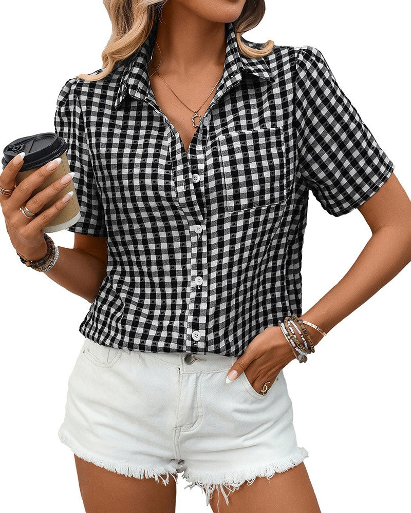 Puff Sleeve Gingham Collared Summer Shirt - Black
