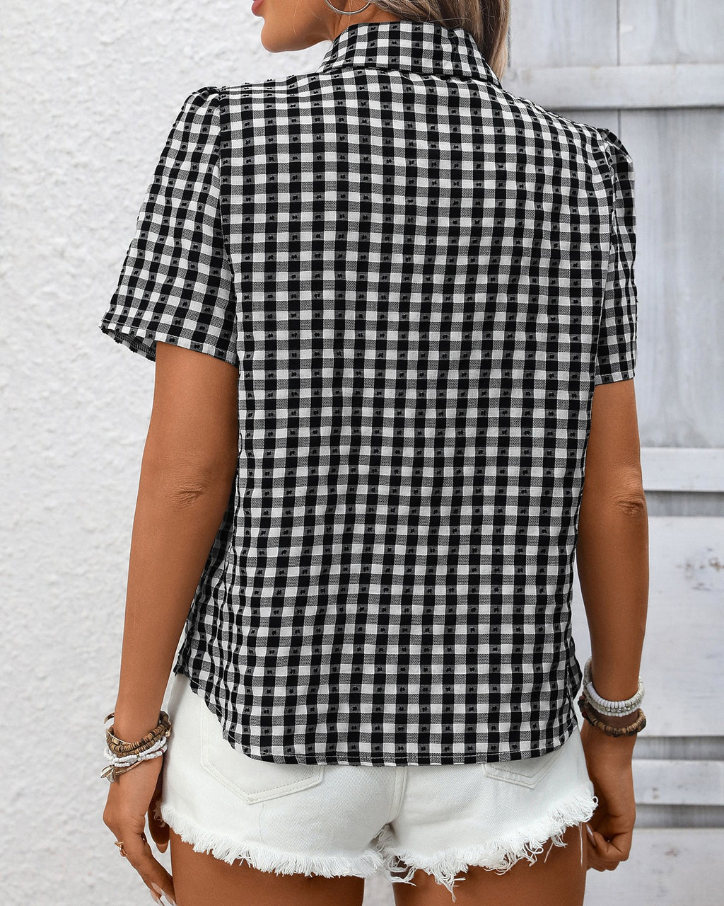 Puff Sleeve Gingham Collared Summer Shirt - Black - 2