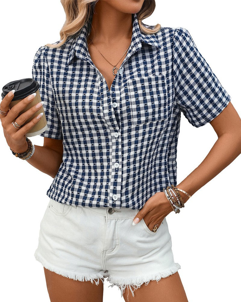 Puff Sleeve Gingham Collared Summer Shirt - Blue