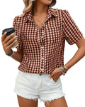 Puff Sleeve Gingham Collared Summer Shirt - Rust