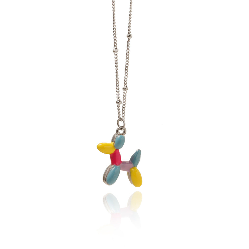 Enamel Balloon Puppy Pendant Necklace - Silvery