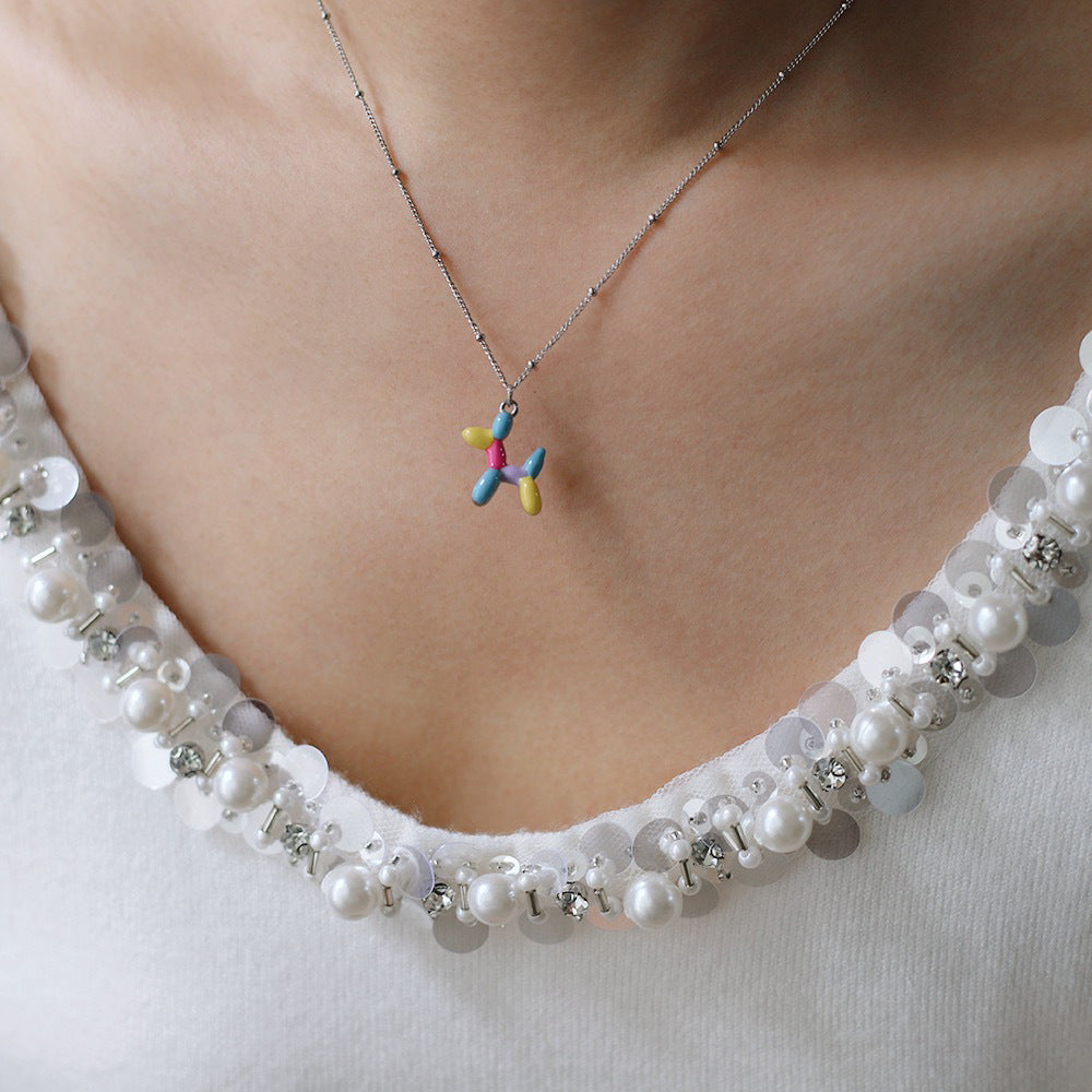 Enamel Balloon Puppy Pendant Necklace - Silvery - 7