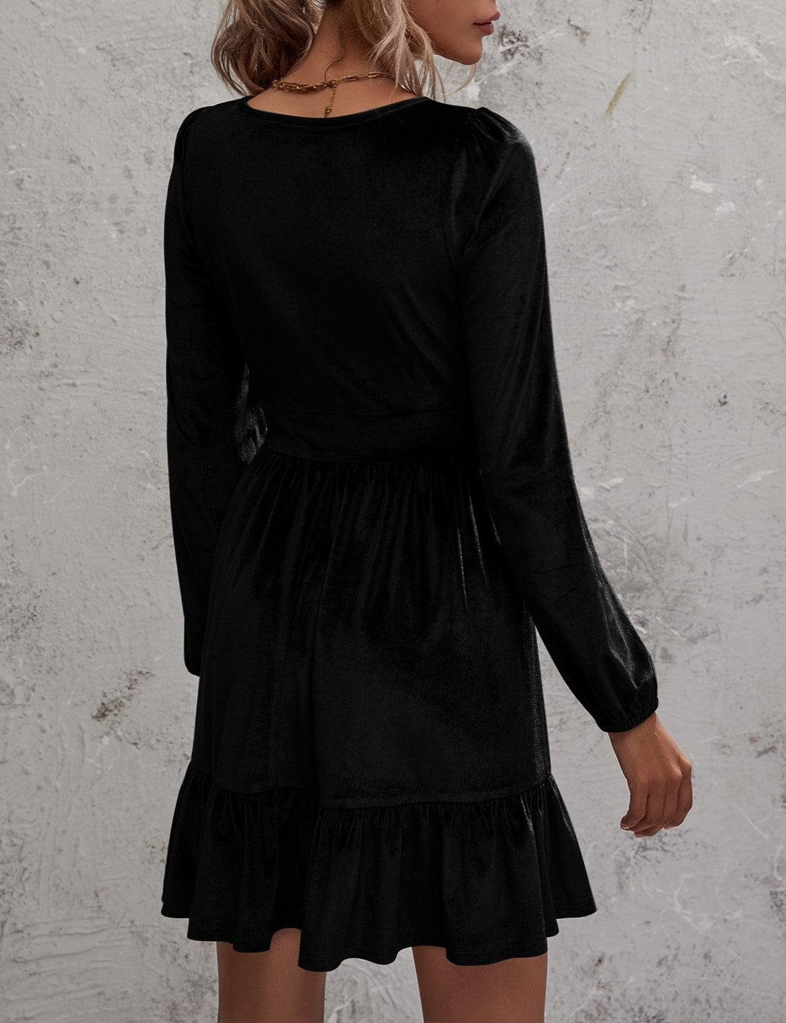 Velvet Plunge V-Neck Ruffle Hem Mini Dress - Black - 2