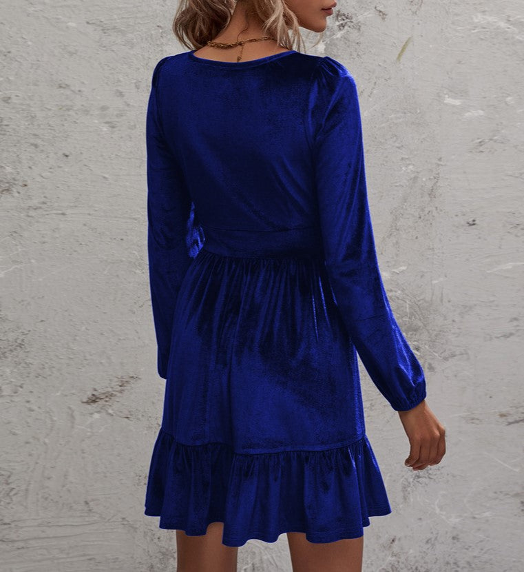 Velvet Plunge V-Neck Ruffle Hem Mini Dress - Dark blue - 2
