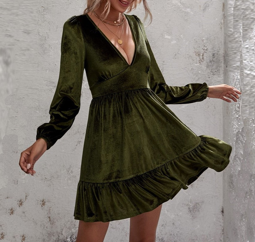 Velvet Plunge V-Neck Ruffle Hem Mini Dress - Dark green