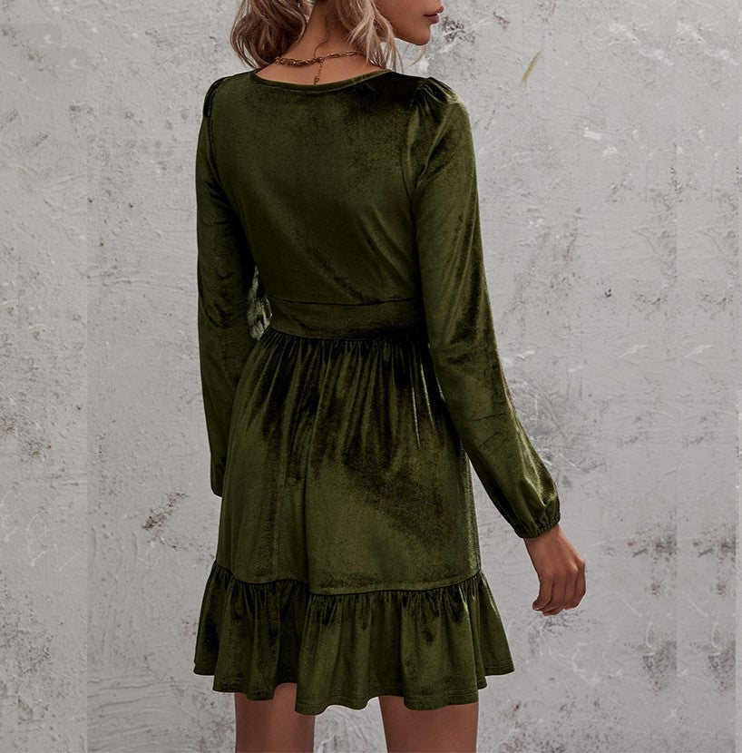 Velvet Plunge V-Neck Ruffle Hem Mini Dress - Dark green - 3