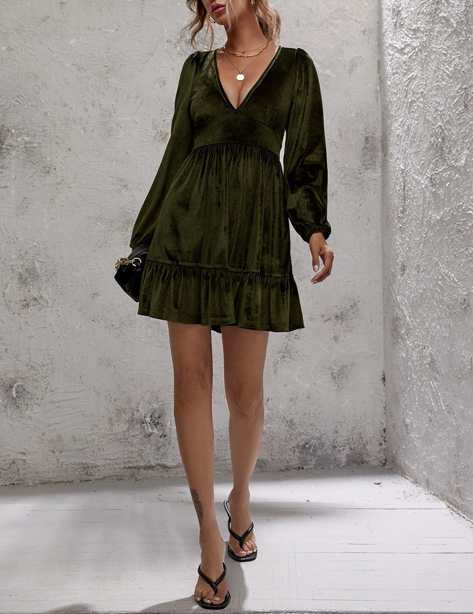 Velvet Plunge V-Neck Ruffle Hem Mini Dress - Dark green - 4