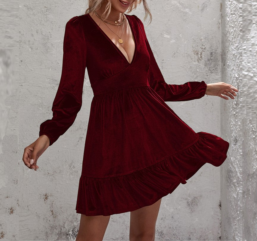 Velvet Plunge V-Neck Ruffle Hem Mini Dress - Wine