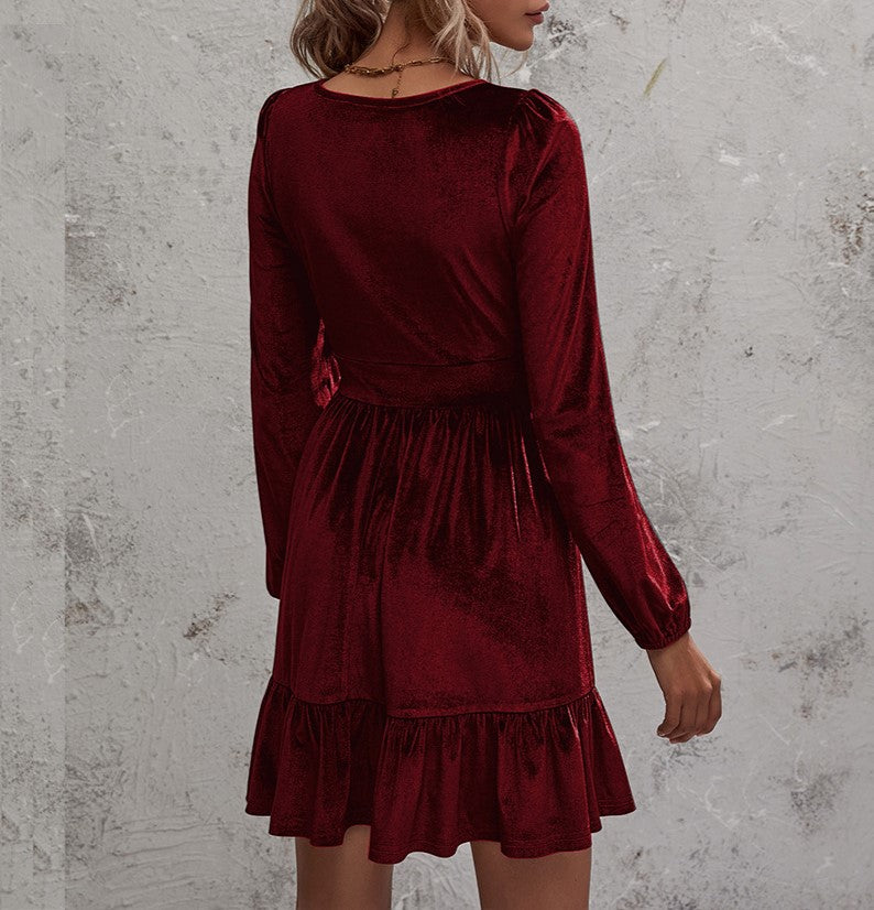 Velvet Plunge V-Neck Ruffle Hem Mini Dress - Wine - 2