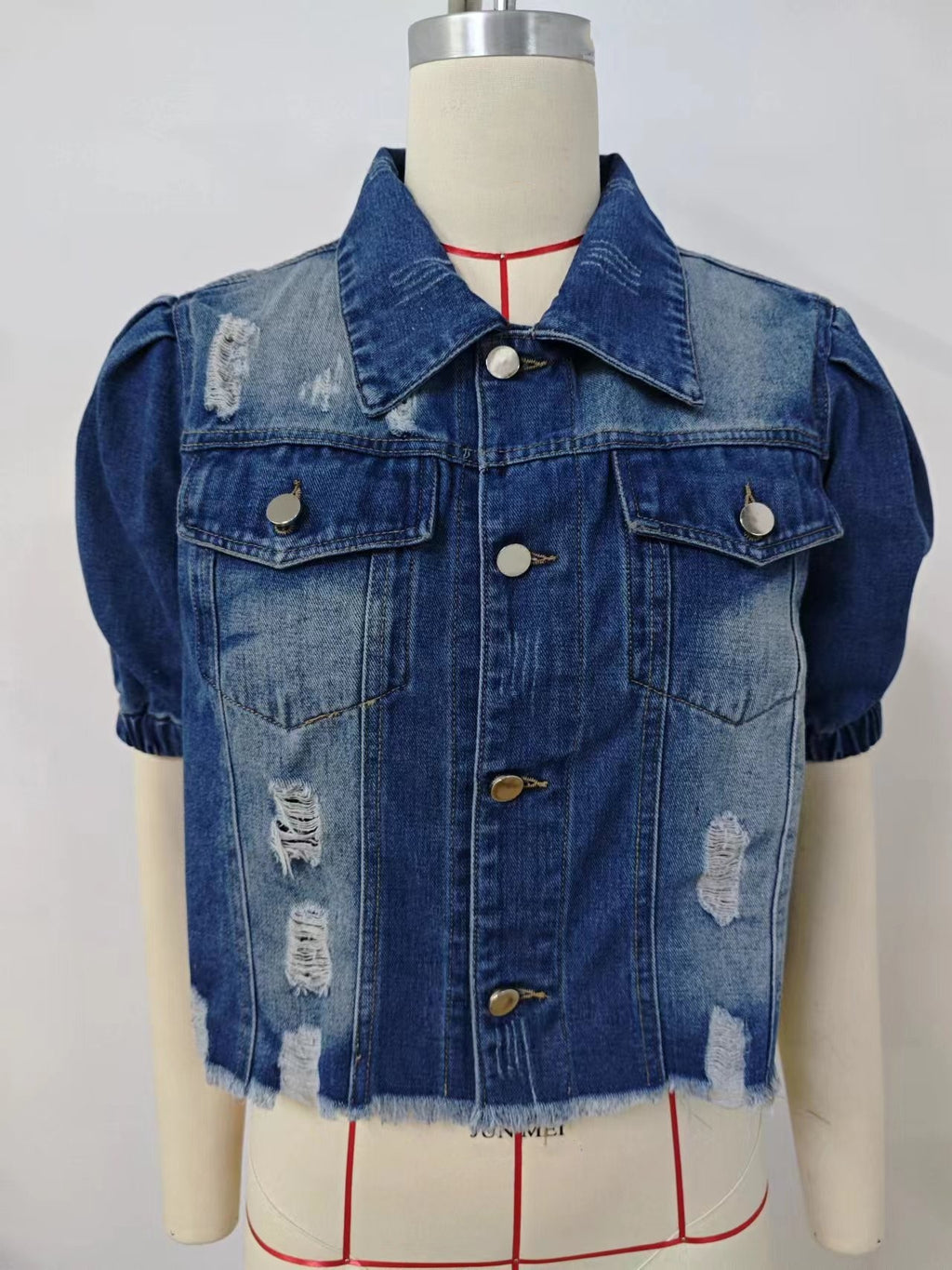 Distressed Puff Sleeve Cropped Denim Jacket - Blue - 3