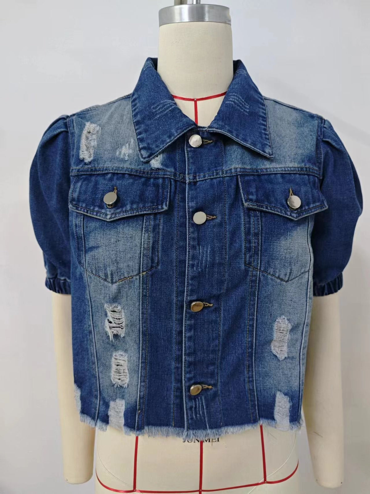 Distressed Puff Sleeve Cropped Denim Jacket - Blue - 3