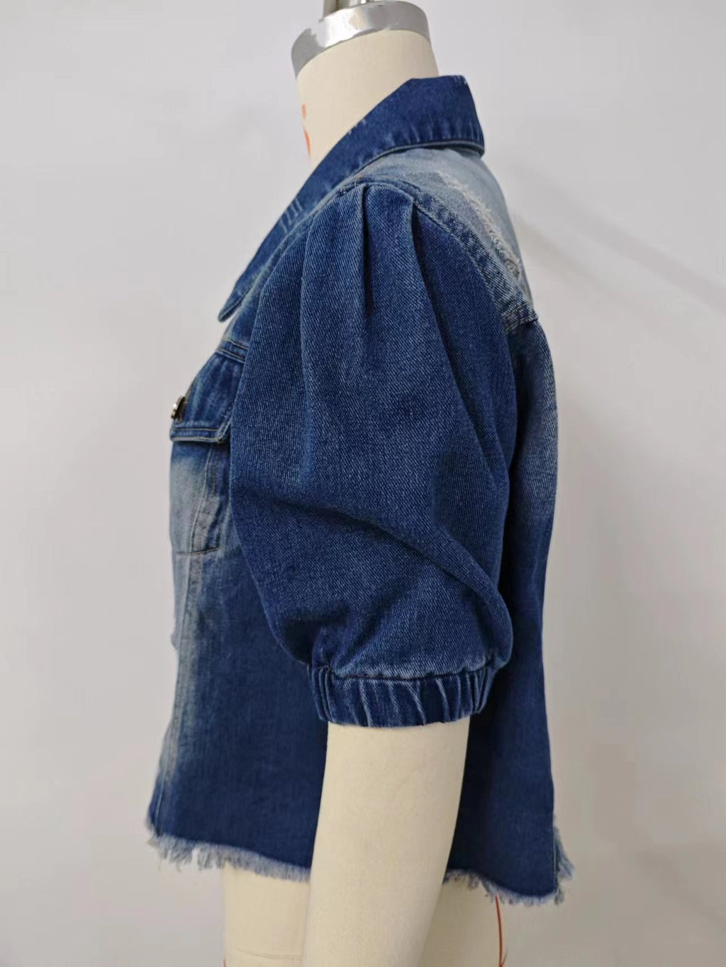 Distressed Puff Sleeve Cropped Denim Jacket - Blue - 4