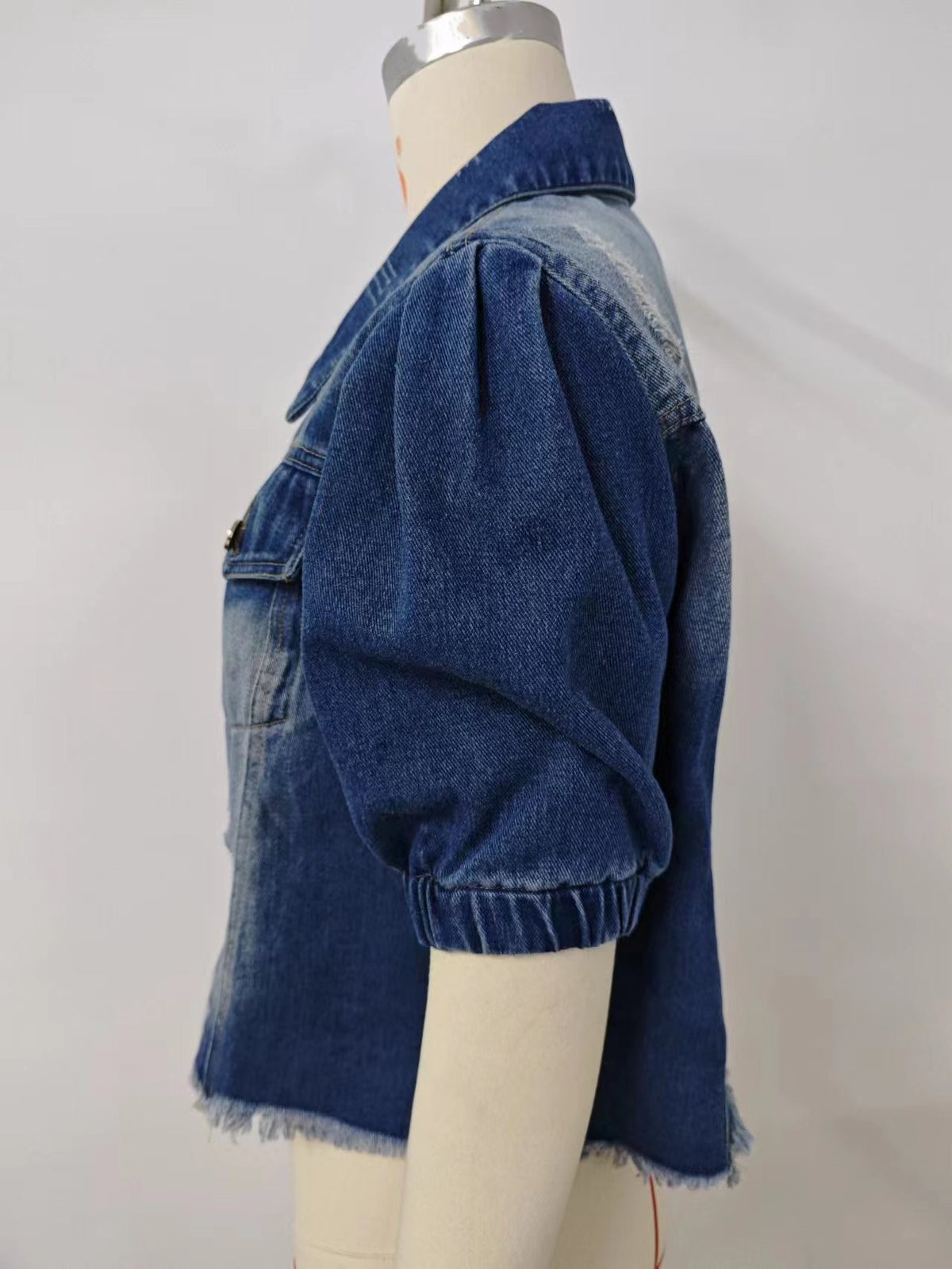 Distressed Puff Sleeve Cropped Denim Jacket - Blue - 4