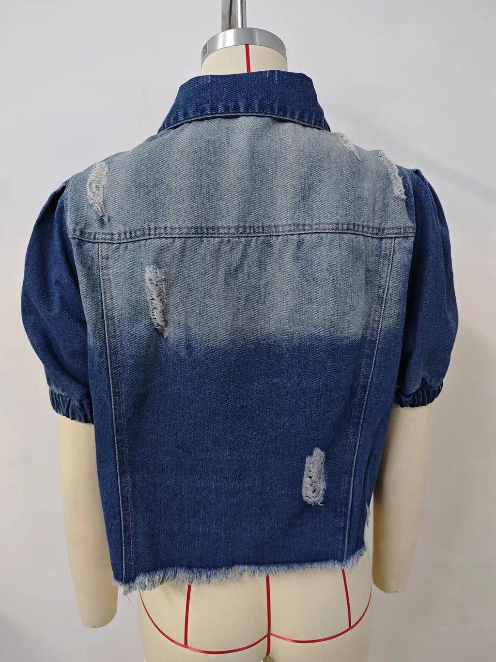 Distressed Puff Sleeve Cropped Denim Jacket - Blue - 5