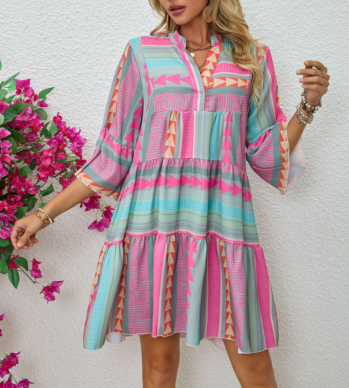 Geo Stripe Tiered Babydoll Mini Dress - Rose