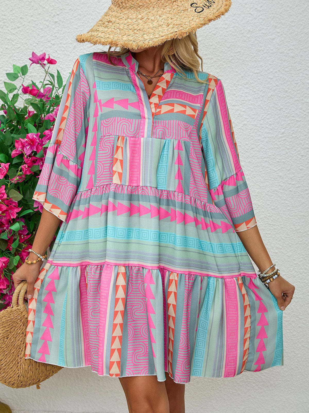 Geo Stripe Tiered Babydoll Mini Dress