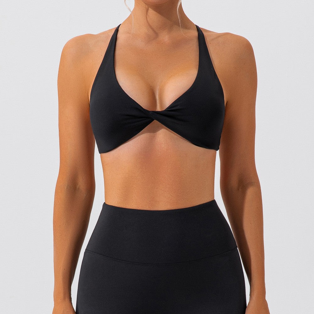 Buttery Soft Twist Front Cross Back Workout Bra - Black