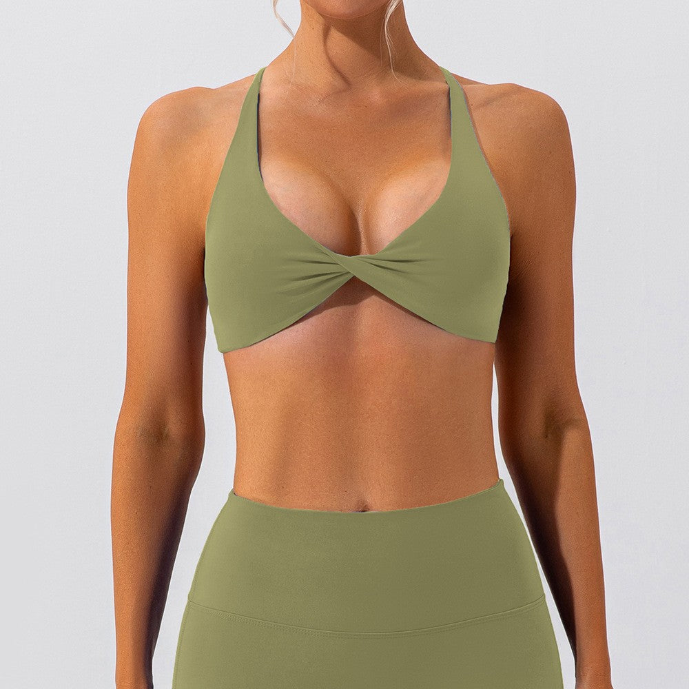 Buttery Soft Twist Front Cross Back Workout Bra - Olive