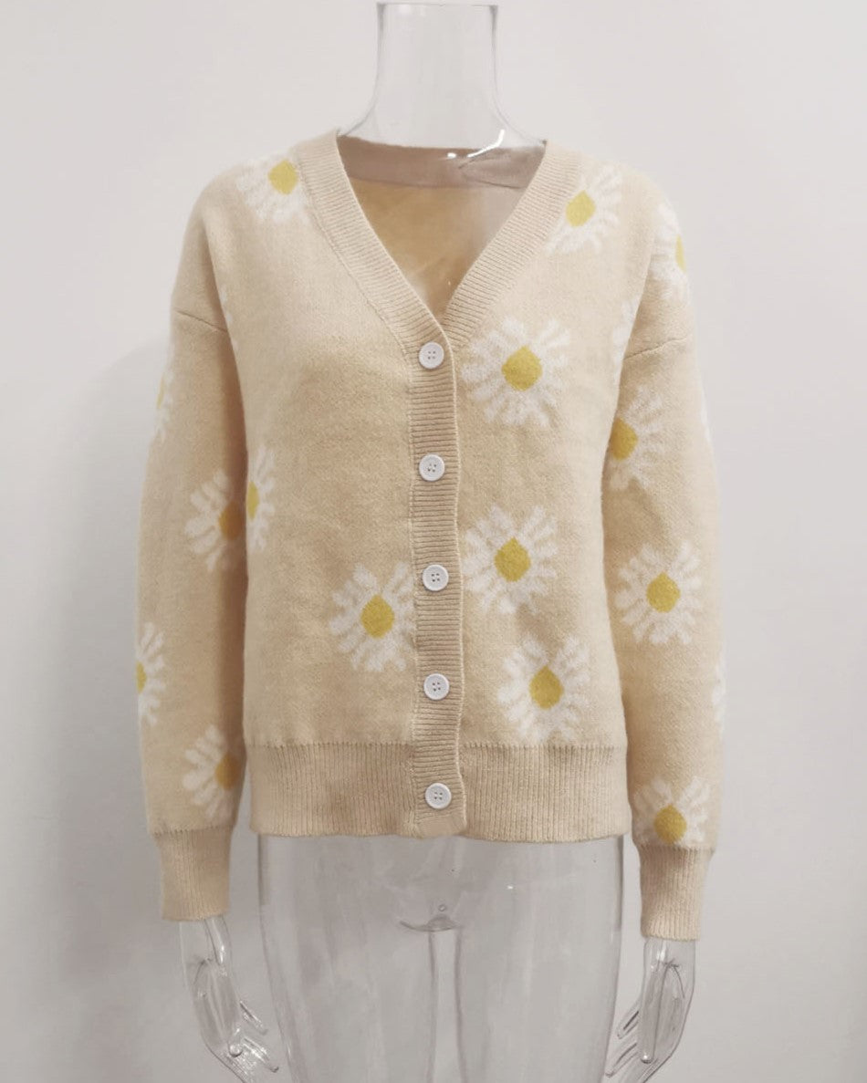 Daisy Jacquard Button Front Knit Cardigan - Apricot