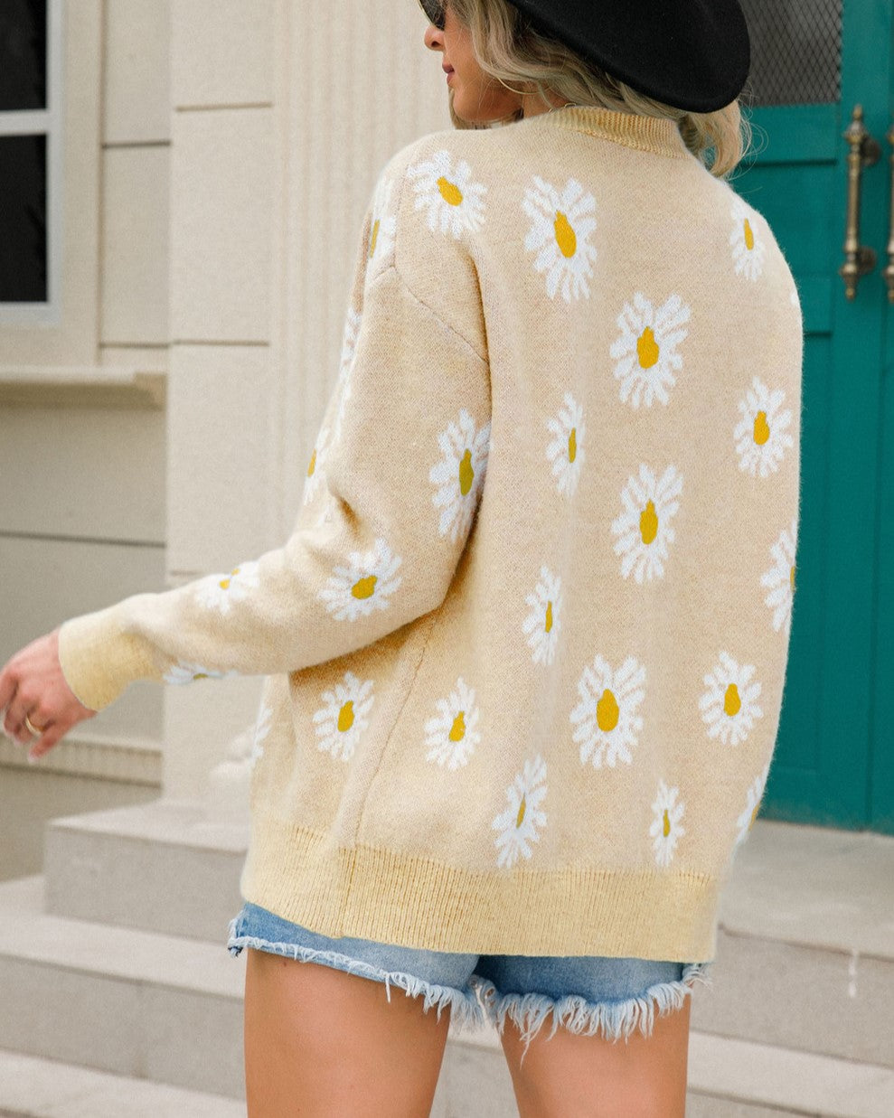 Daisy Jacquard Button Front Knit Cardigan - Apricot - 5