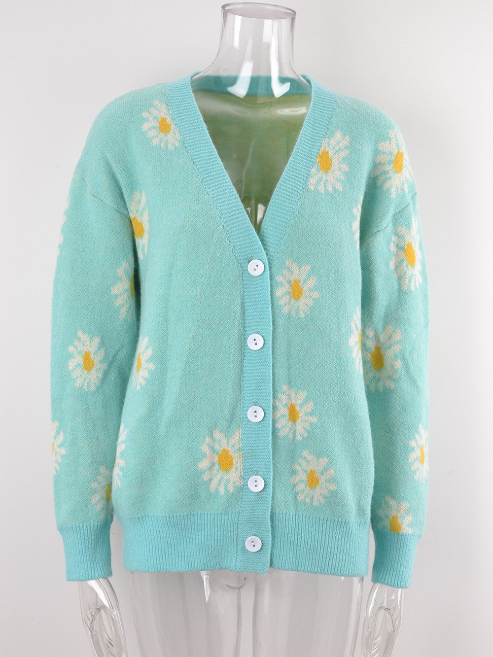 Daisy Jacquard Button Front Knit Cardigan - Green - 1